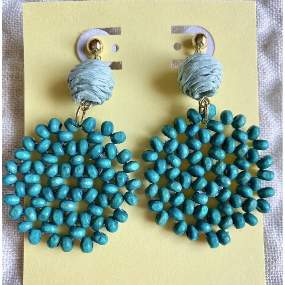 New Aqua Teal Round Wooden Beads Beaded Circle Beachy Statement Earrings - 2.50"